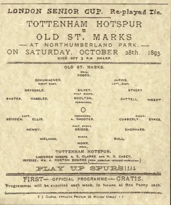 Spurs v Old St Mark's (28 Oct 1893) Programme
