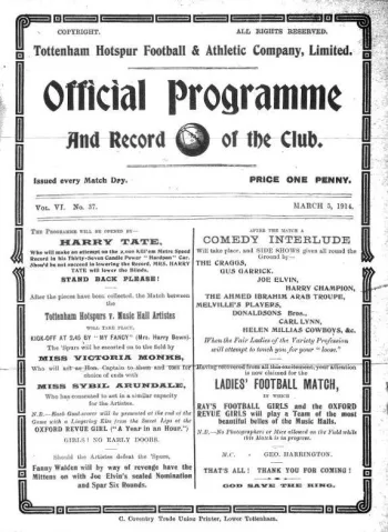 Spurs v Music Hall Artists (05 Mar 1914) Programme
