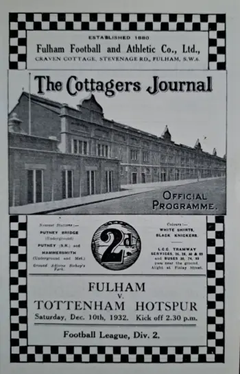 Spurs v Fulham FC (10 Dec 1932) Programme