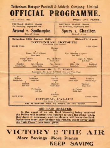Spurs v Crystal Palace (28 Aug 1943) Programme