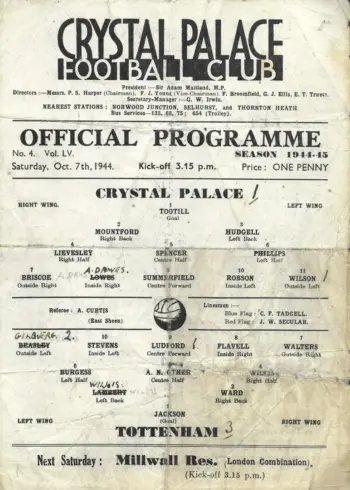Spurs v Crystal Palace (07 Oct 1944) Programme