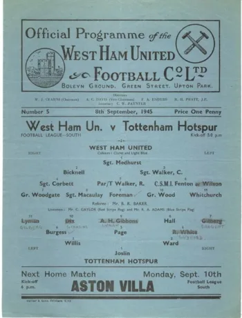 Spurs v West Ham United (08 Sep 1945) Programme