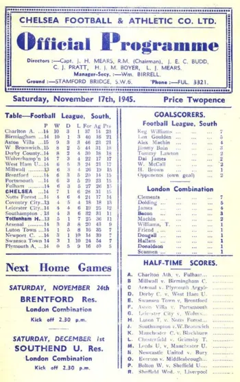 Spurs v Chelsea FC (17 Nov 1945) Programme