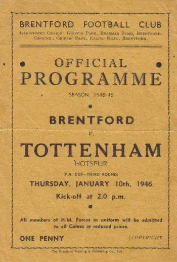 Spurs v Brentford FC (10 Jan 1946) Programme