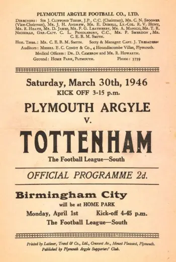 Spurs v Plymouth Argyle (30 Mar 1946) Programme