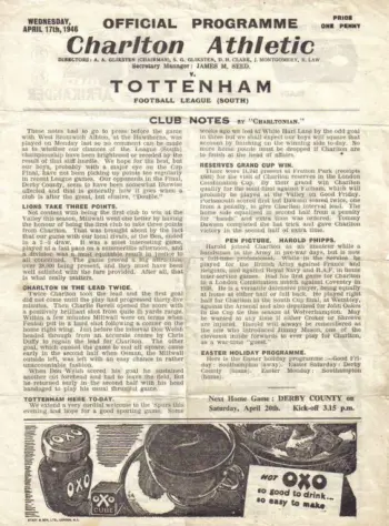 Spurs v Charlton Athletic (17 Apr 1946) Programme