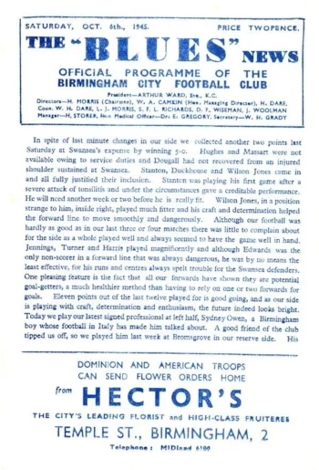 Spurs v Birmingham City (06 Oct 1945) Programme