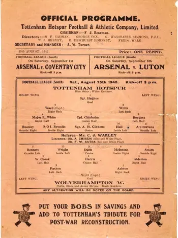 Spurs v Wolverhampton Wanderers (25 Aug 1945) Programme