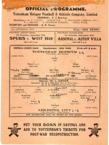 Spurs v Leicester City (12 Sep 1945) Programme