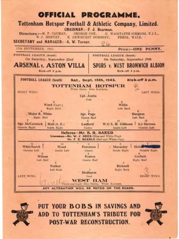 Spurs v West Ham United (15 Sep 1945) Programme