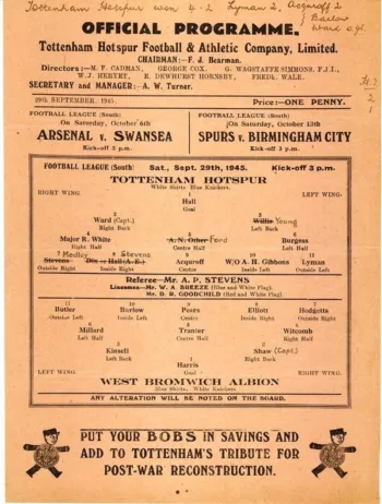 Spurs v West Bromwich Albion (29 Sep 1945) Programme