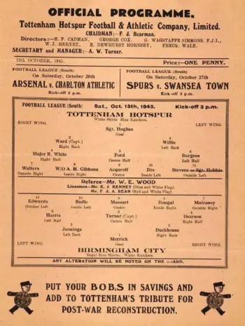 Spurs v Birmingham City (13 Oct 1945) Programme