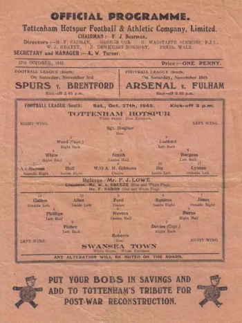 Spurs v Swansea City (27 Oct 1945) Programme