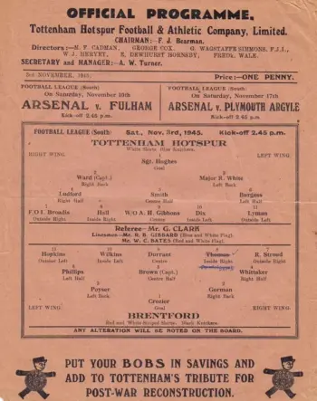 Spurs v Brentford FC (03 Nov 1945) Programme
