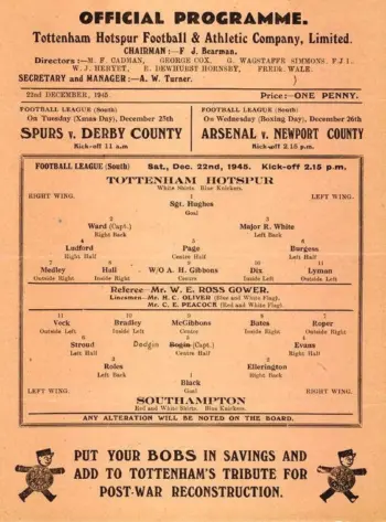 Spurs v Southampton FC (22 Dec 1945) Programme