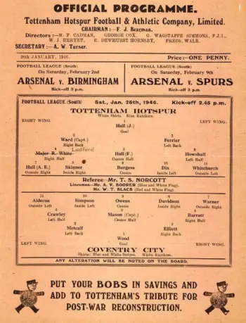 Spurs v Coventry City (26 Jan 1946) Programme