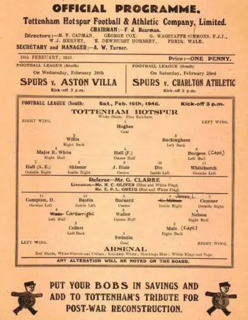 Spurs v Arsenal FC (16 Feb 1946) Programme