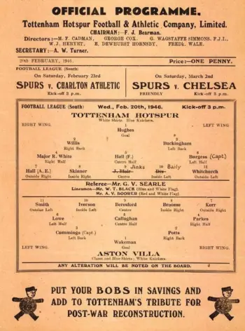 Spurs v Aston Villa (20 Feb 1946) Programme
