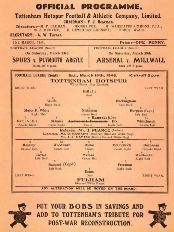 Spurs v Fulham FC (16 Mar 1946) Programme