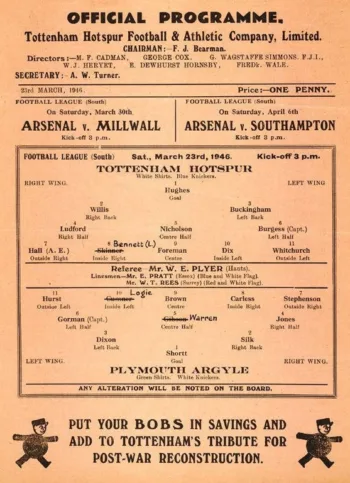 Spurs v Plymouth Argyle (23 Mar 1946) Programme