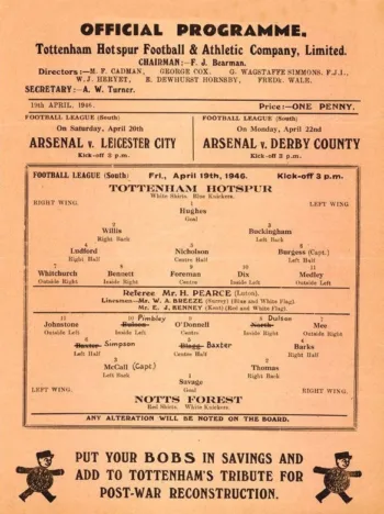 Spurs v Nottingham Forest (19 Apr 1946) Programme