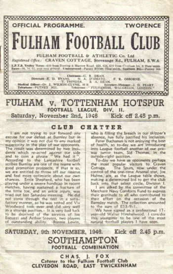 Spurs v Fulham FC (02 Nov 1946) Programme