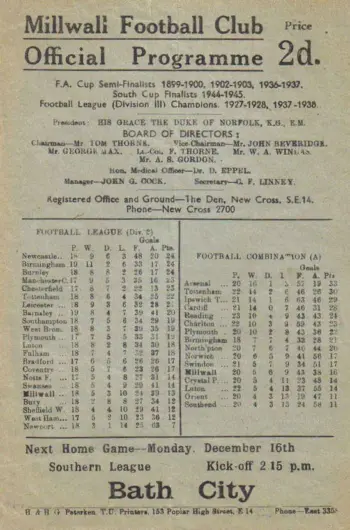 Spurs v Millwall FC (14 Dec 1946) Programme
