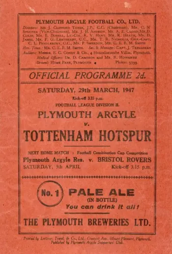 Spurs v Plymouth Argyle (29 Mar 1947) Programme