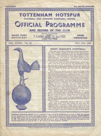 Spurs v West Ham United (17 May 1947) Programme