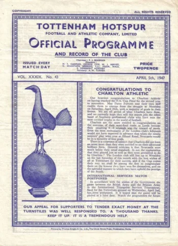 Spurs v Leicester City (05 Apr 1947) Programme
