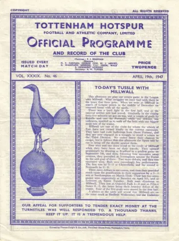 Spurs v Millwall FC (19 Apr 1947) Programme