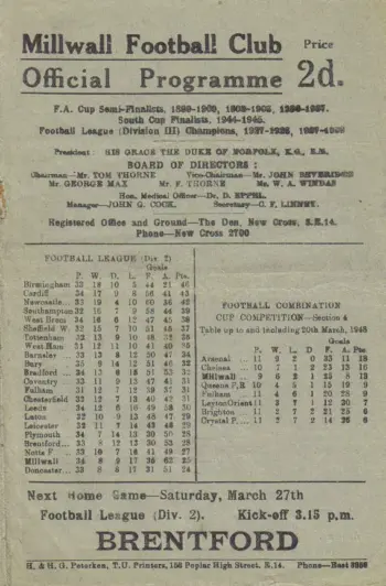 Spurs v Millwall FC (26 Mar 1948) Programme