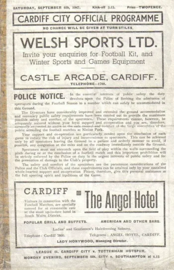 Spurs v Cardiff City (06 Sep 1947) Programme