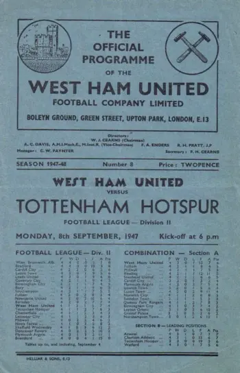 Spurs v West Ham United (08 Sep 1947) Programme