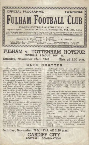 Spurs v Fulham FC (22 Nov 1947) Programme