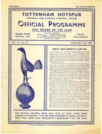 Spurs v Southampton FC (21 Feb 1948) Programme