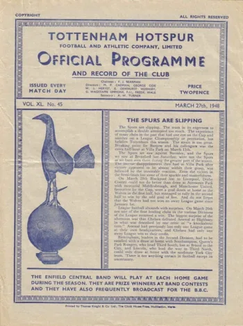 Spurs v Leicester City (27 Mar 1948) Programme
