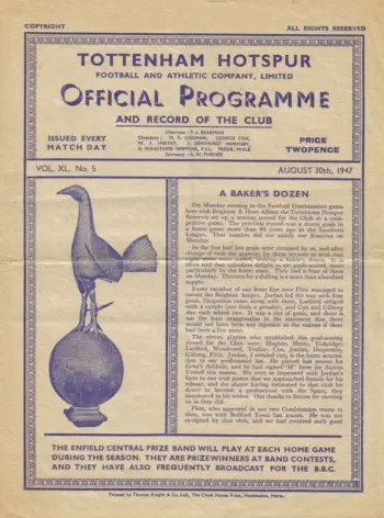 Spurs v Sheffield Wednesday (30 Aug 1947) Programme