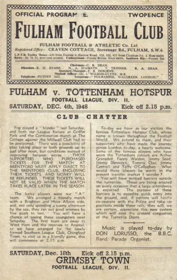 Spurs v Fulham FC (04 Dec 1948) Programme