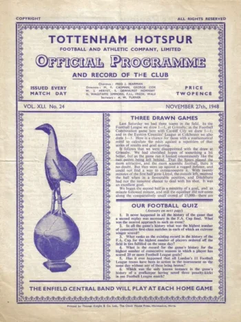 Spurs v Nottingham Forest (27 Nov 1948) Programme
