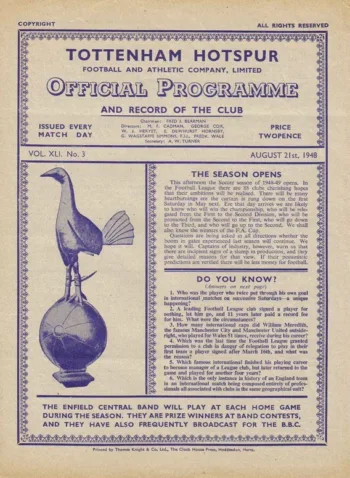 Spurs v Sheffield Wednesday (21 Aug 1948) Programme
