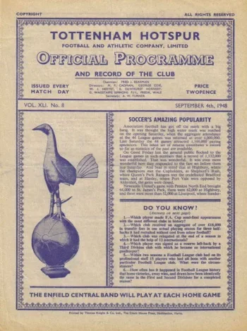 Spurs v Chesterfield FC (04 Sep 1948) Programme