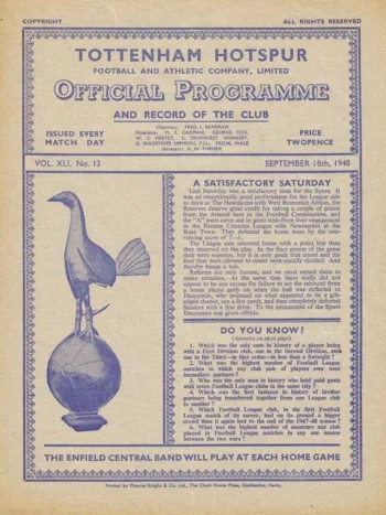 Spurs v Bury FC (18 Sep 1948) Programme