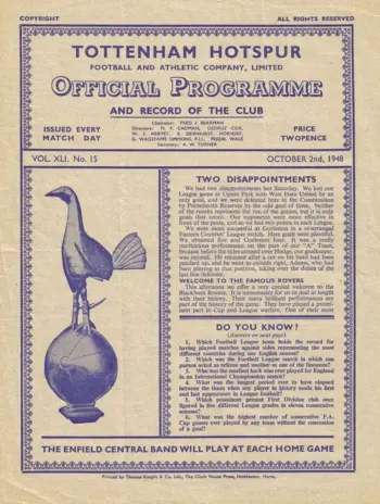 Spurs v Blackburn Rovers (02 Oct 1948) Programme