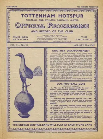 Spurs v West Bromwich Albion (22 Jan 1949) Programme