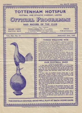 Spurs v Middlesbrough FC (29 Jan 1949) Programme