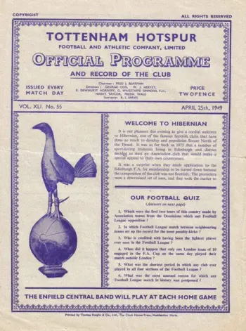 Spurs v Hibernian (25 Apr 1949) Programme