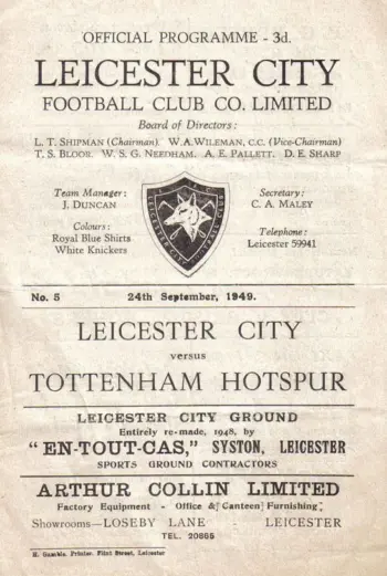 Spurs v Leicester City (24 Sep 1949) Programme