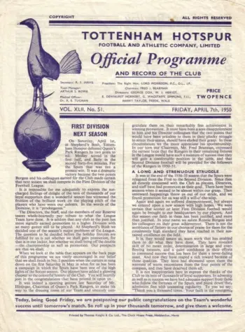 Spurs v Hull City (07 Apr 1950) Programme
