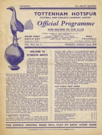 Spurs v Plymouth Argyle (22 Aug 1949) Programme